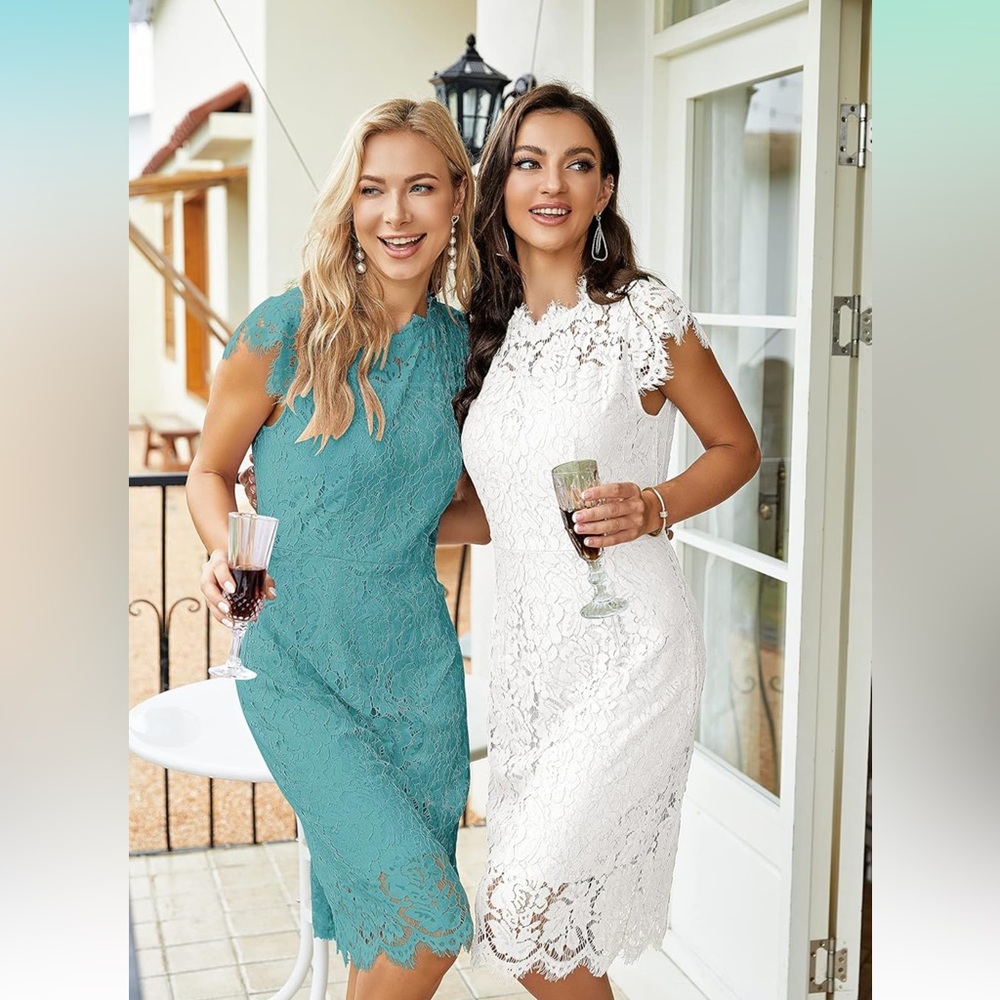 MEROKEETY Elegant Lace Dress in Teal and White Size M